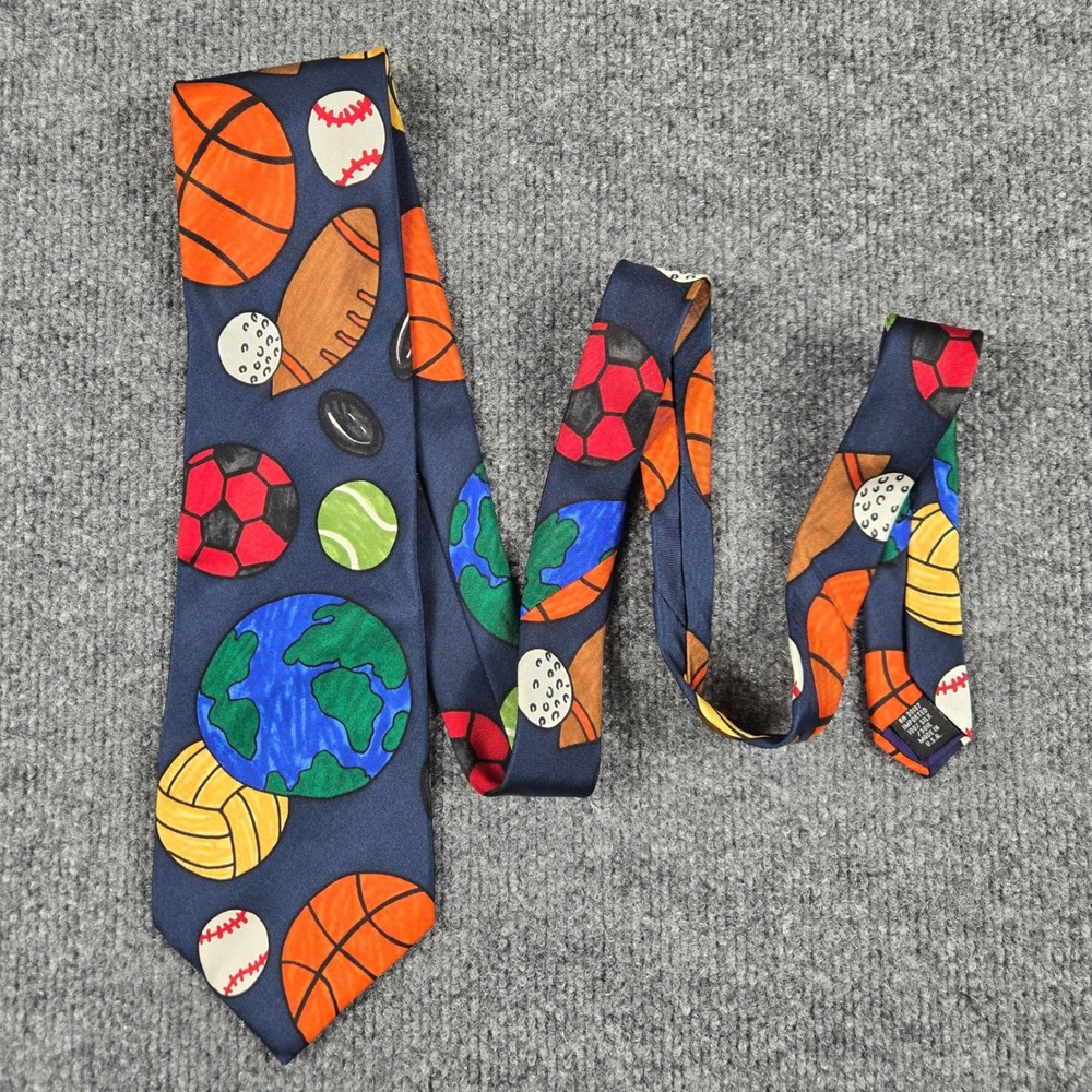 Save the Children Silk Tie Mens OS Navy Blue Sports Balls Earth Novelty Print